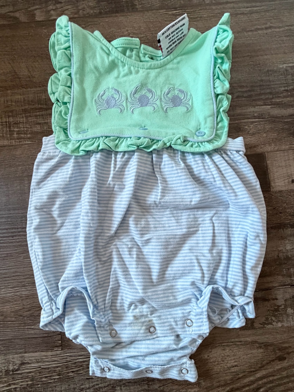 Jellybean Mint Green and Light Blue Striped Girl Bubble with Crab Embroidery